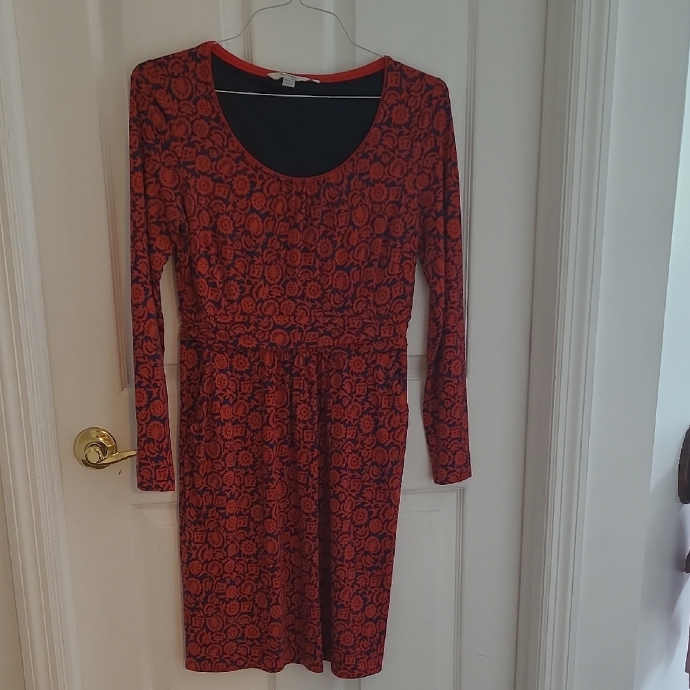 Boden Red and Dark Blue Long Sleeve Dress With Pockets
